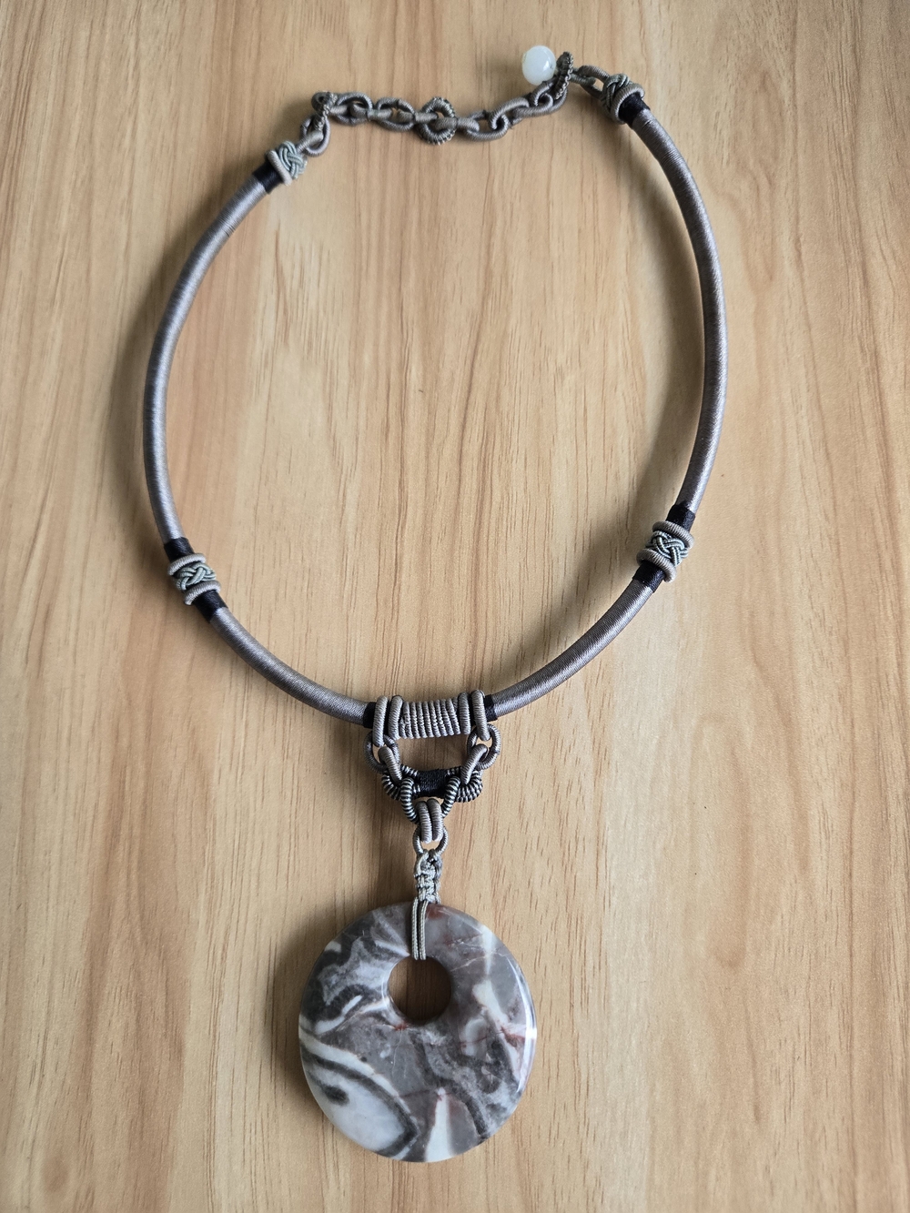 Natural Silver Leaf Jasper Bi Pendant Chinese Woven Silk Necklace Good Fortune
